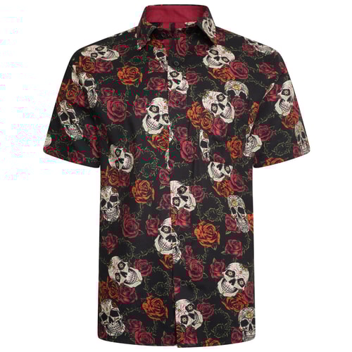 KAM Rose Totenkopf Print Hemd Schwarz